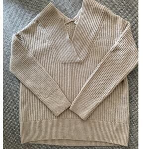 VINCE Overlap Wool Cashmere V-Neck & Back Ribbed Knit Slouchy Sweater S Beige